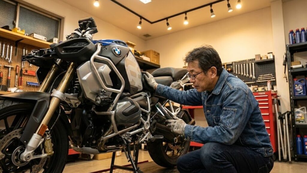 ガレージでアドベンチャーバイクのエンジン周りや足元を点検する50代男性の様子。故障事例などBMW G310GSの評価について解説するイメージ画像です。