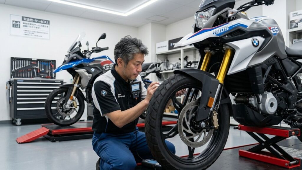 ディーラーで整備点検を受けるBMW G310GS。ブレーキ周りやエンジンの故障リスクを確認するメンテナンス風景。