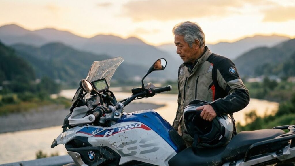 ツーリングの休憩中にバイクのハンドル周りを眺めながら物思いにふける60代男性ライダー。購入後の不満点などBMW G310GSの評価をまとめた画像です。