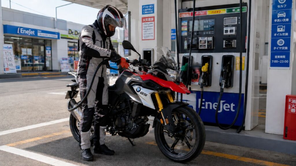 ガソリンスタンドで給油中のBMW G310GS。燃費性能と維持費に関わる日常的な給油シーン。