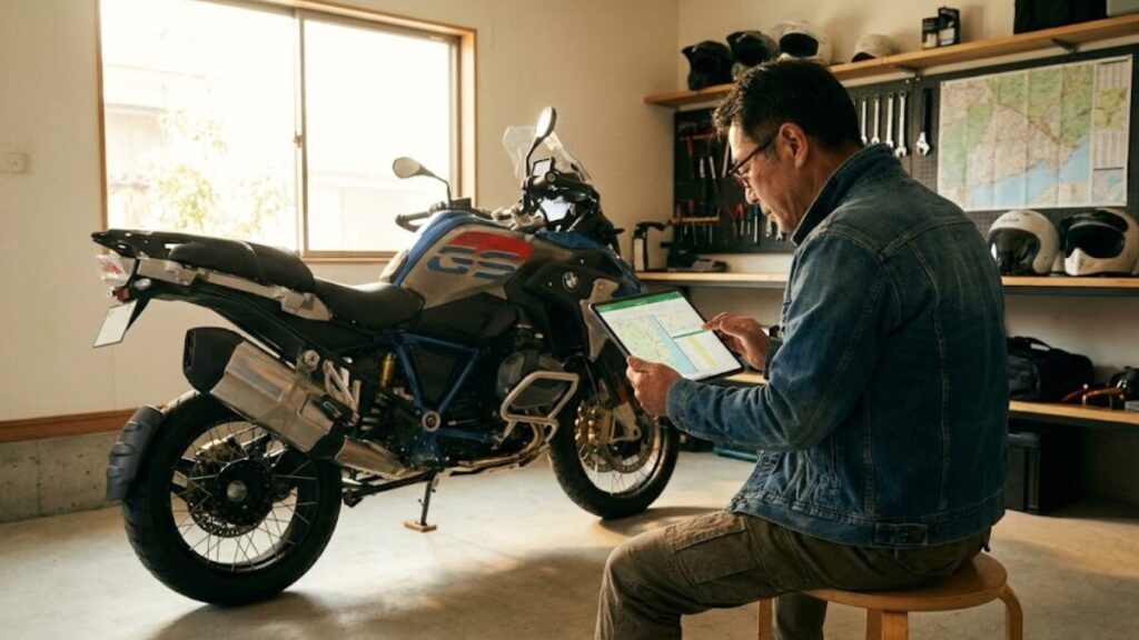 明るいガレージでバイクの傍らに座り、タブレットを見ながら計画を立てる50代男性。車検や年間維持費から見るBMW G310GSの評価のイメージ画像です。