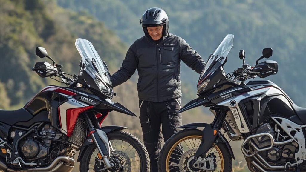 美しい峠道に2台のアドベンチャーバイクを並べ、比較しながら眺める50代男性ライダー。ライバル車との比較を通じたBMW G310GSの評価の画像です。