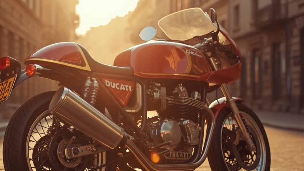 夕暮れの歴史的な街並みに映えるドゥカティGT1000。ドゥカティGT1000の故障は多いのかと案ずる前に、その普遍的なデザインと歴史的背景の魅力を伝えます。