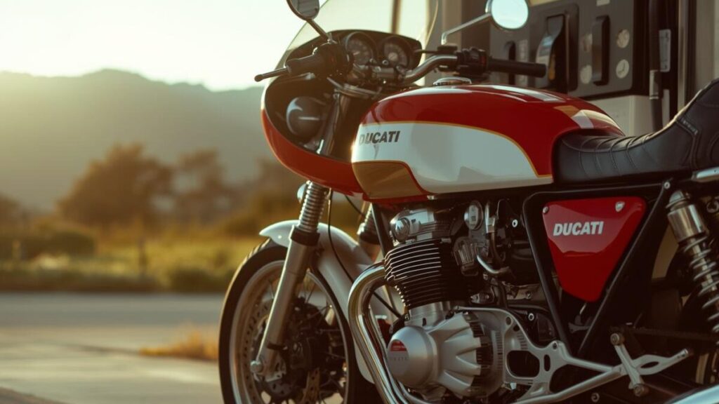 旅の途中でガソリンスタンドに停車するドゥカティGT1000。ドゥカティGT1000の故障は多いという懸念に対し、実際の燃費や航続距離など維持管理の実情を解説する画像です。