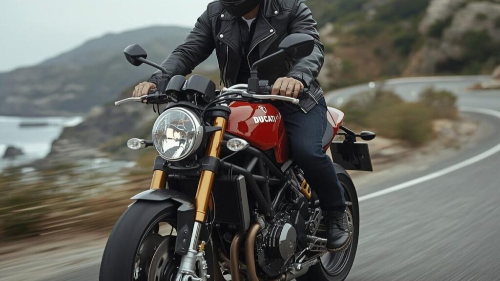 海岸線を颯爽と走る50代男性とドゥカティGT1000。ドゥカティGT1000の故障は多いというイメージを覆す、力強くダイナミックな走行シーンを捉えています。