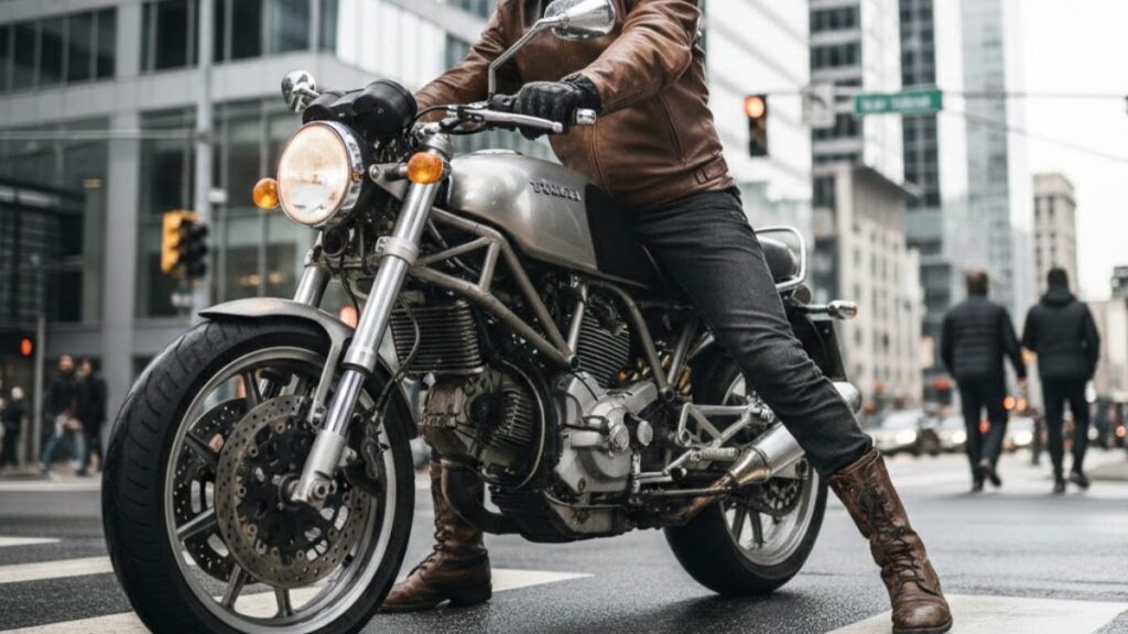 停車中に足つきの厳しさを確認するライダーの足元。ドゥカティGT1000の故障は多いという点以外で、購入前に直面しやすい物理的な課題を客観的に描写しています。