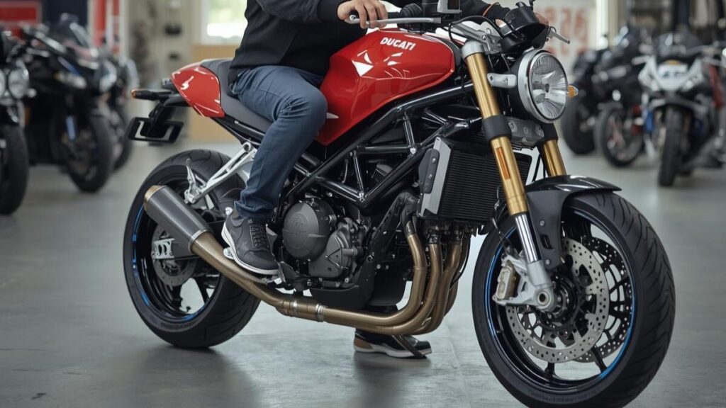 ローダウンにより足つきが改善されたドゥカティGT1000に跨る男性。ドゥカティGT1000の故障は多いと不安な方へ、調整次第で得られる安心感と快適性を提示。