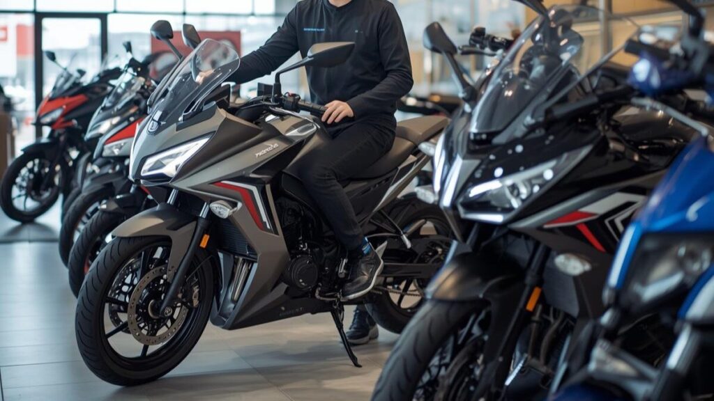 明るく高級感のあるバイクショップの店内で、最新モデルを比較しながらホンダバイクの新車はどこで買うか真剣に検討する50代の日本人男性ライダー。