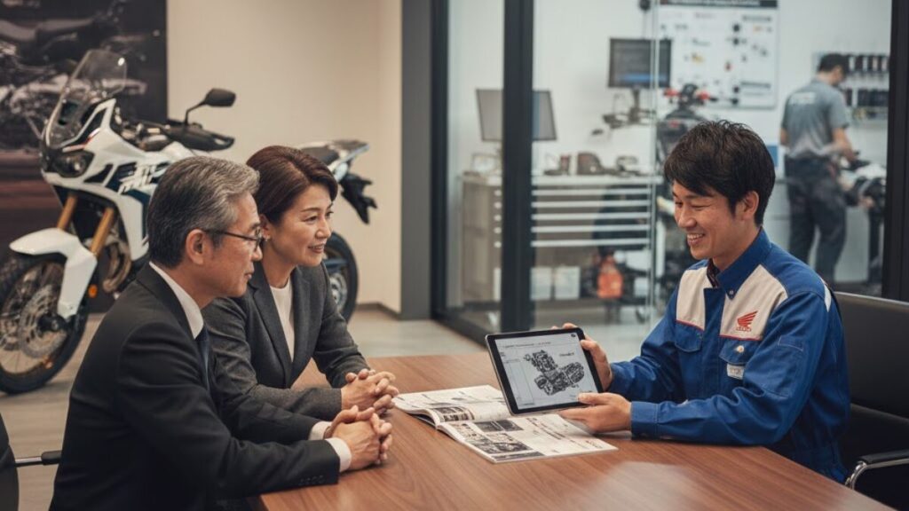 販売店とディーラーのサービスの違いを理解するために店員から説明を受ける夫婦。ホンダバイクの新車はどこで買うべきか判断するための相談シーン。