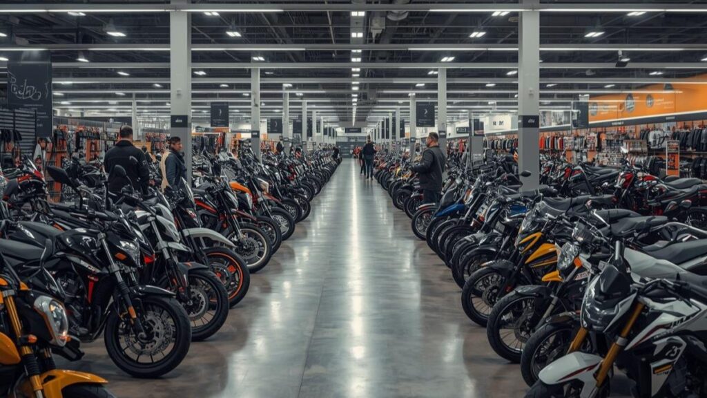 多種多様な250cc以下のモデルが並ぶ大手バイクショップの店内。ホンダバイクの新車はどこで買うか迷っている方に向けたディーラー以外の選択肢。