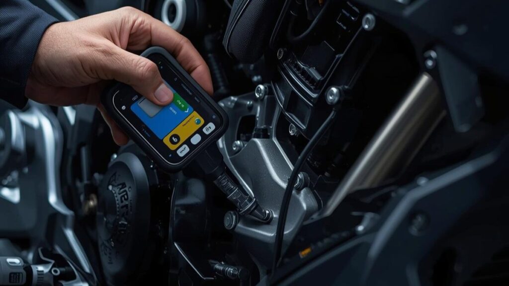 最新の診断機を用いたバイクの整備風景。高度な専門設備が必要な現状を示し、ホンダバイクの新車はどこで買うか決める際の背景情報を視覚化。