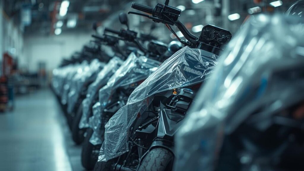 出荷を待つ新車のバイクが整然と並ぶクリーンな物流センターの光景。最新の生産状況を確認しつつ、ホンダバイクの新車はどこで買うか検討する際の目安に。