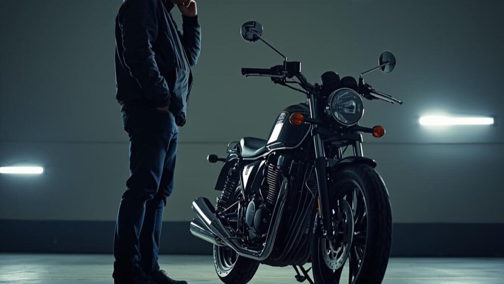 自分のバイクがリコールの対象か不安に思い、ガレージでレブル250が勝手に動く不具合や過去の改修履歴を確認しようとしているオーナーの様子。