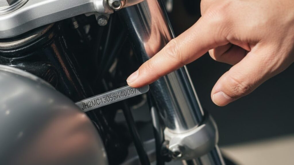 レブル250が勝手に動く現象やリコール対象かを照会するために、フレームの首部分に刻印されている車台番号を確認する手順を説明する画像。