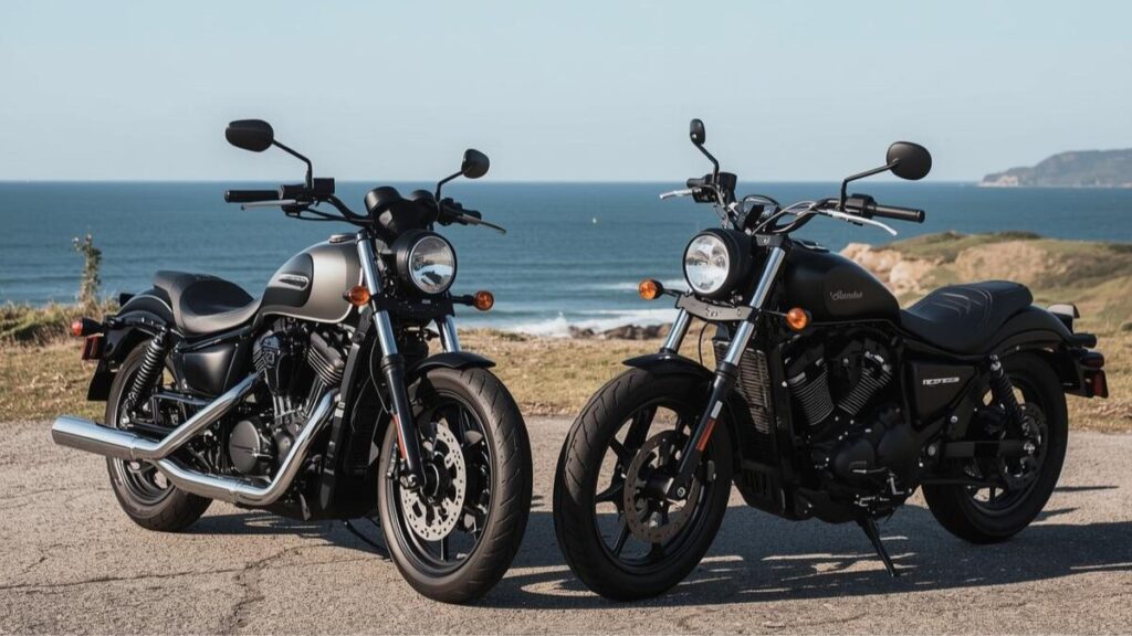 景色の良い海岸沿いで標準モデルとSエディションを比較検討するベテランライダー。レブル250Sのエディションの違いを象徴する、二つのモデルが並んだ高品質な写真。