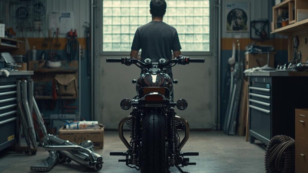 自分好みのカスタムを構想するガレージでのひととき。ベース車両としての自由度やレブル250 Sエディションの違いを考えながら、理想のスタイルを追求するシーン。