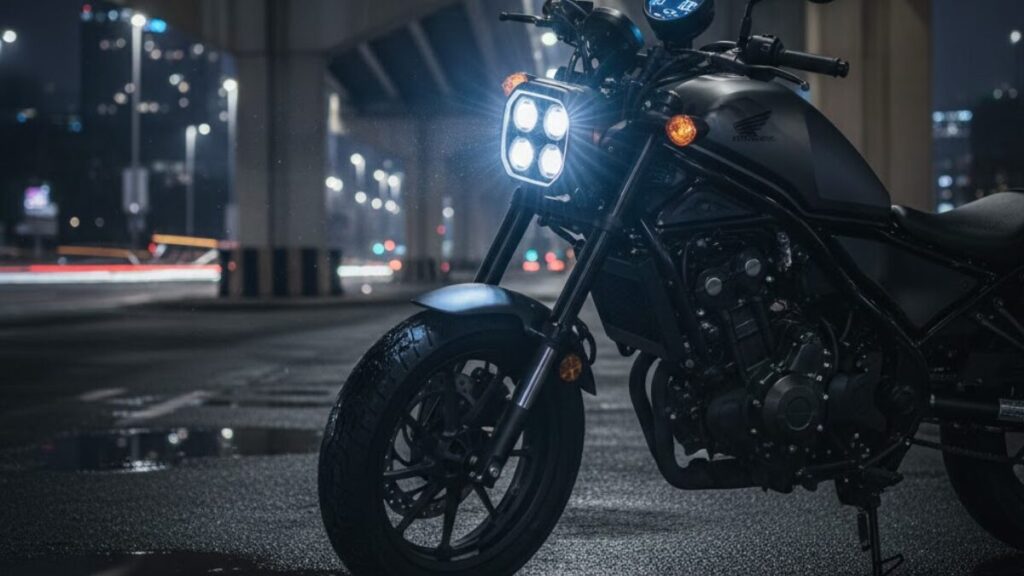 都会の夜に映えるLEDヘッドライトを装備した最新モデル。年式による進化やレブル250 Sエディションの違いを、先進的なパーツの輝きで表現したシネマティックな画像。