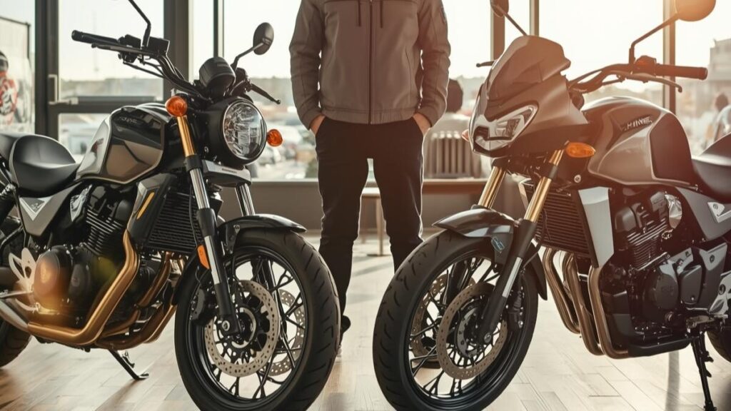 明るいバイクショップで標準モデルとSエディションを比較する50代の男性。レブル250 Sエディションの違いを考慮し、初心者に最適な一台を検討する様子。