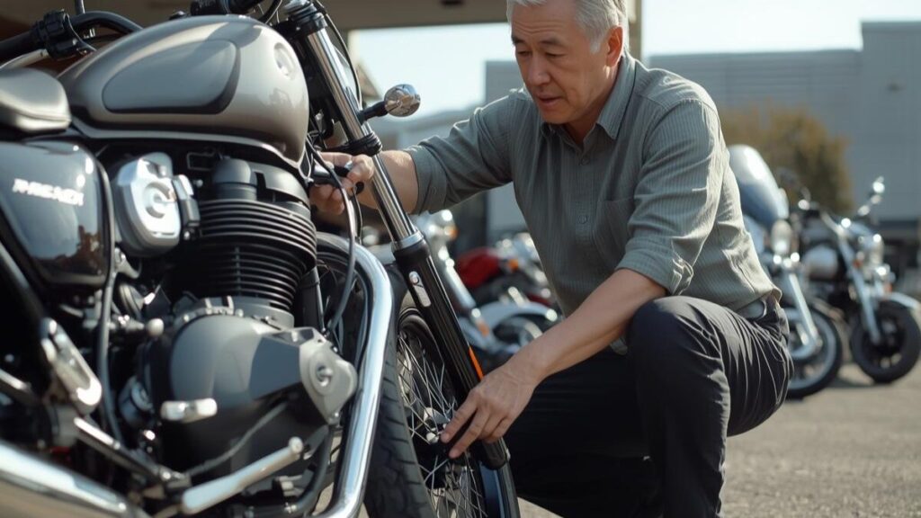 中古バイク販売店で車体のコンディションを細かく確認するベテランライダー。価格相場とレブル250 Sエディションの違いを把握し、良質な車両を見極める様子。