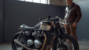 洗練されたガレージで、こだわりのパーツを装着したトライアンフ400ccのカスタム車両と、それを見つめる50代の日本人オーナー。上質なバイクライフを表現。