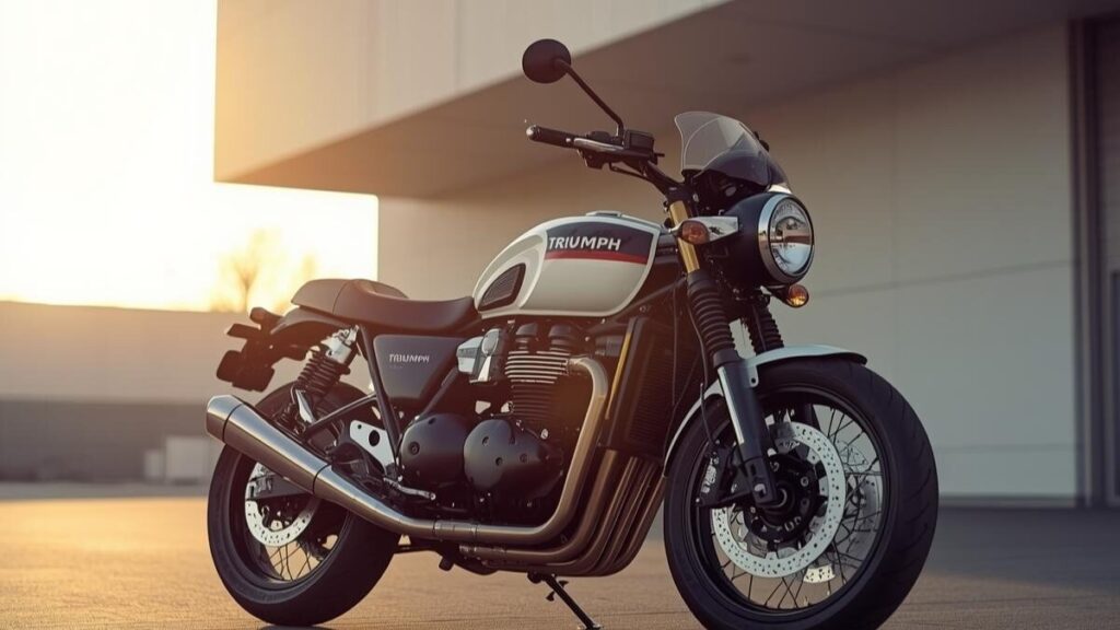 都会の洗練された街並みの中で、朝日を浴びて輝く新型トライアンフ400ccのカスタムベース車両。発売を象徴するような爽やかで高品質な一台。