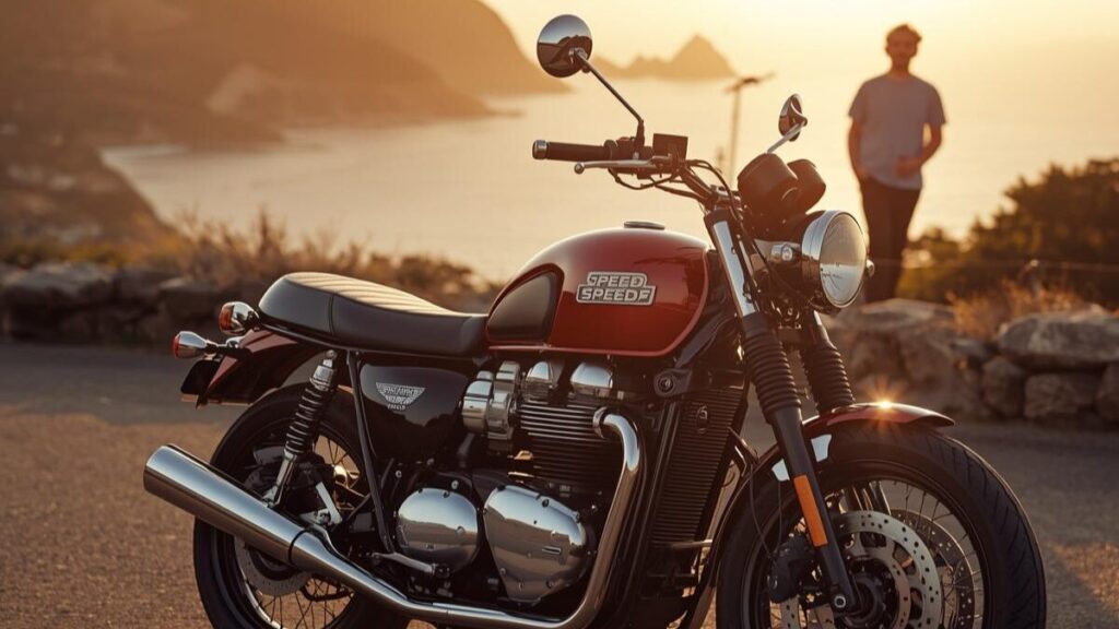 夕暮れの海岸線で高級感を放つトライアンフ400ccのカスタムバイク。手が届く価格帯ながらもプレミアムな佇まいを感じさせるシネマティックな光景。