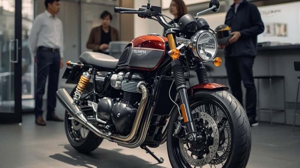 納車を控えショールームで美しく磨き上げられた、トライアンフ400ccのカスタムに最適な車両。オーナーの期待感と信頼のサービスを表現した一枚。