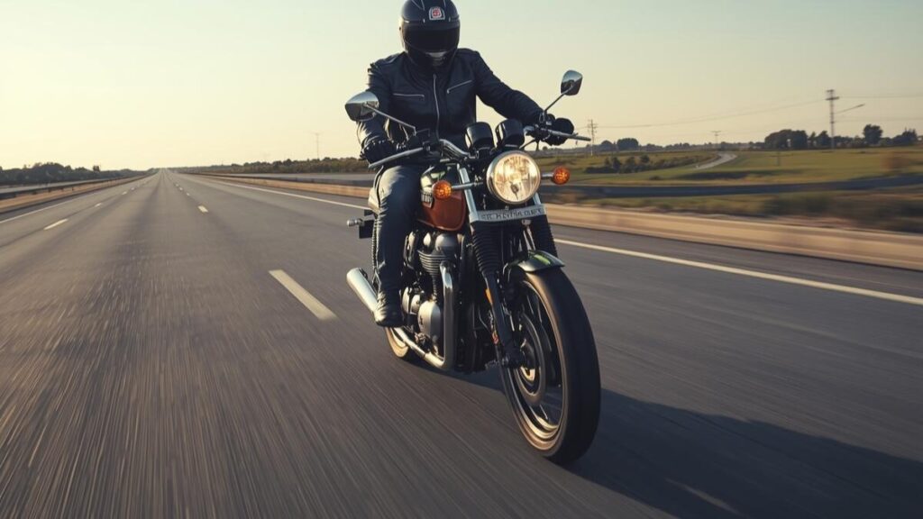 地平線へと続く直線道路を軽快にクルージングする、トライアンフ400ccのカスタムバイクとベテランライダー。速度感と安定性を両立した走行シーン。