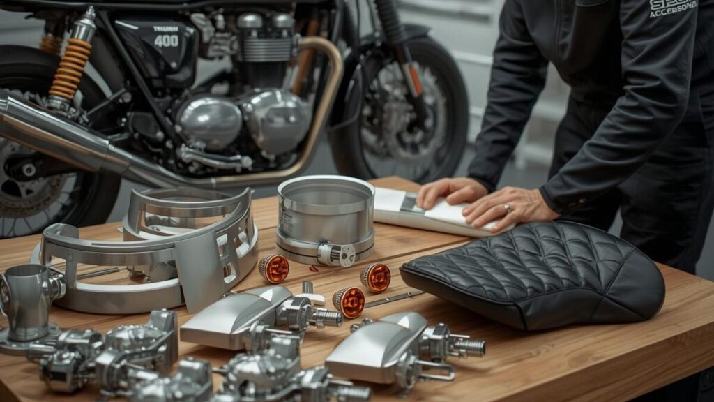 トライアンフ400ccのカスタムに最適な、品質の高い純正アクセサリーが並ぶワークショップ。50代の日本人オーナーがパーツを吟味する様子を自然に描写。