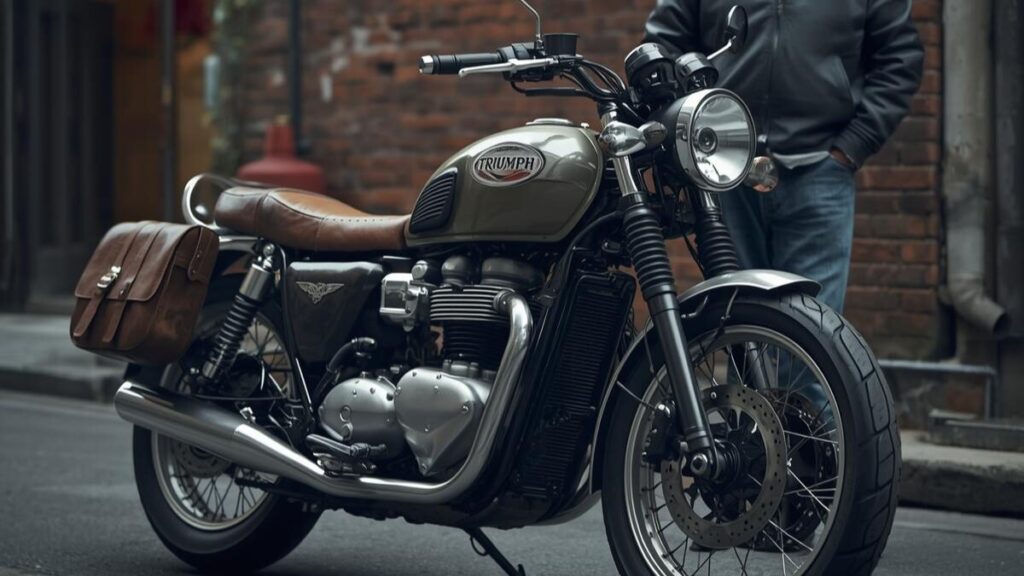 レザーバッグや中古パーツの風合いを活かし、旧車のような雰囲気を醸し出すトライアンフ400ccのカスタム。ノスタルジックな街並みに溶け込む一台。