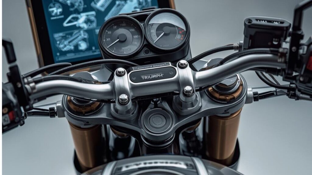 トライアンフ スピード 400の故障の原因となり得る配線やコネクター部分を点検している様子。リコール情報に基づいた適切な確認作業をイメージした写真。