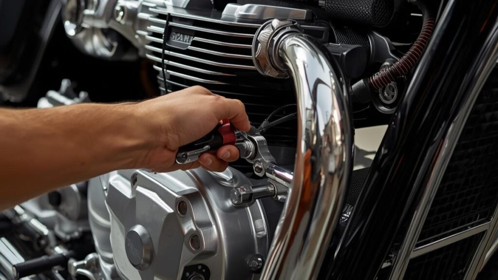 エンジンガードなどの保護パーツが装着された車体。トライアンフ スピード400の故障を未然に防ぎ、愛車の価値を守るための推奨カスタムを施した様子。