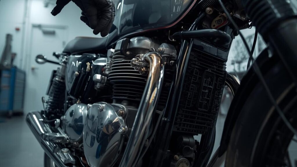 プロの整備士によってエンジン周りの点検が行われているトライアンフ スピード 400の故障の事例を確認し、不具合の有無を厳格にチェックするプロフェッショナルな光景。