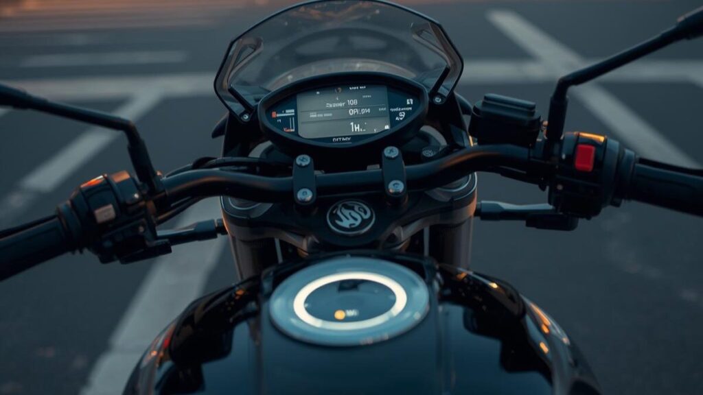 信号待ちの街角でアイドリング状態にあるマシンのコックピット。トライアンフ スピード 400の故障の一因とされるエンスト現象の発生状況を客観的に観察する視点。