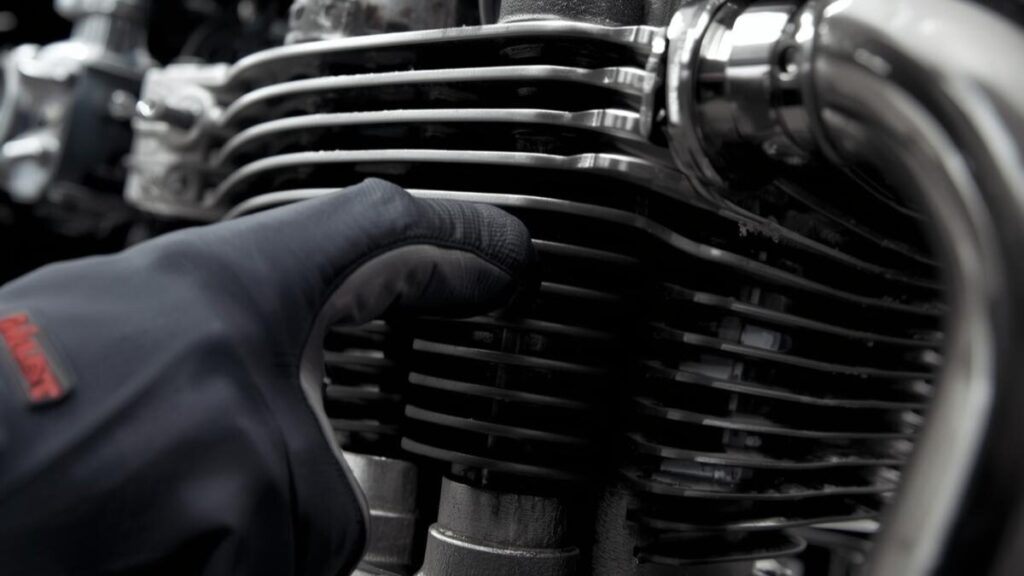 エンジンのシリンダーヘッド周辺を指先で点検する様子。トライアンフ スピード 400の故障の兆候となるオイル滲みを見逃さないための日常点検のポイントを解説。