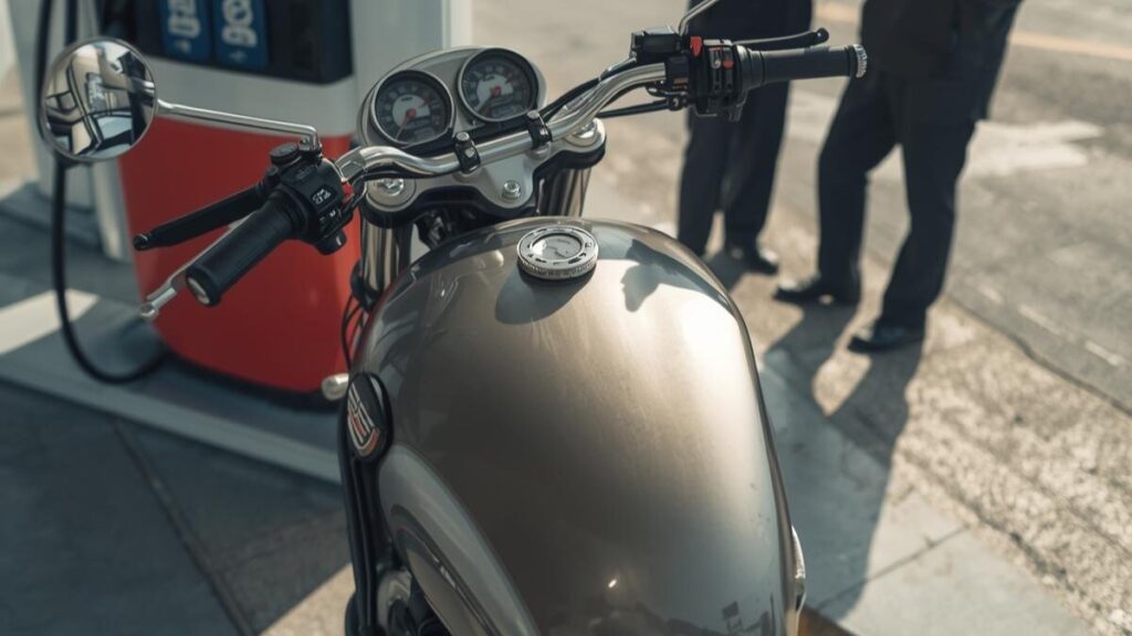 給油後に燃費を確認するライダーと、日差しを浴びる車体。トライアンフ スピード400の故障リスクを抑えつつ、日々の維持費をスマートに管理するイメージ。