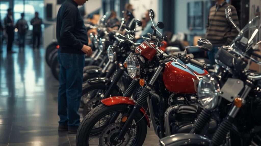 開放感のあるショールームで車両を選ぶ60代の男性。新車や中古のトライアンフ スピード400の故障歴や個体差を確認しながら、最適な一台を探す様子。