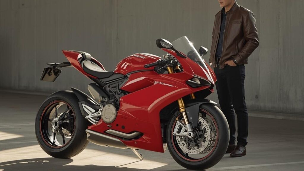 光が差し込むガレージで、赤いドゥカティを静かに見つめる50代の日本人男性。ドゥカティの中古が安い理由を理解し、賢い一台を選ぶシーンをイメージした写真。