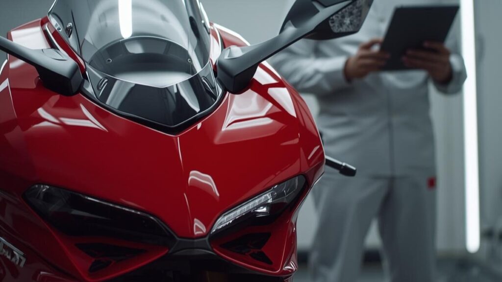 正規販売店で点検を受ける高品質な認定中古車。ドゥカティの中古が安い理由に伴う不安を解消する、厳格な品質基準と保証制度の安心感を伝えるクリーンな画像。