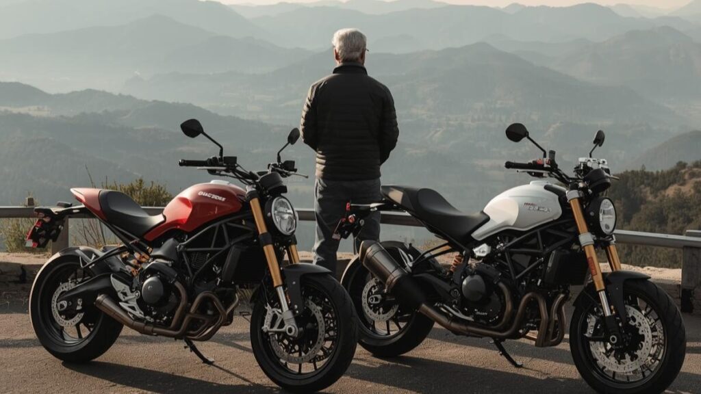 景色の良い展望台に並ぶモンスターとスクランブラー。ドゥカティの中古が安い理由を踏まえつつ、初心者にもおすすめなモデルの選択肢を提示するライフスタイル画像。