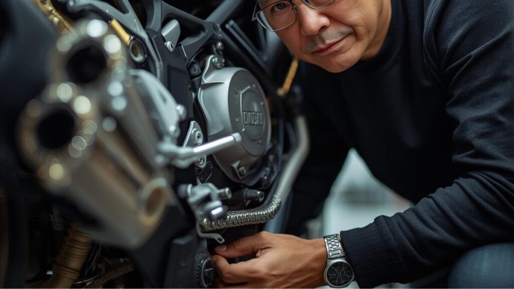 ガレージで中古車両の状態を細かくチェックする男性。ドゥカティの中古が安い理由を理解した上で、購入前に確認すべき整備ポイントを慎重に見極めるシーンの説明。