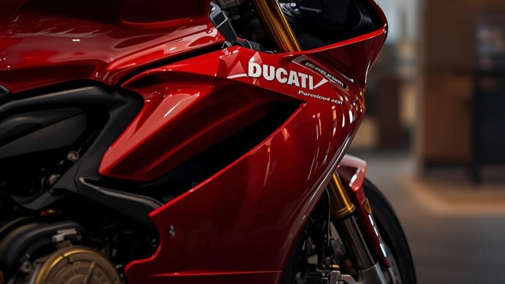 高級感溢れるショールームで輝くドゥカティのロゴとパーツのアップ。ドゥカティの中古が安い理由の背景にある、新車の高いブランド価値と品質を表現しています。