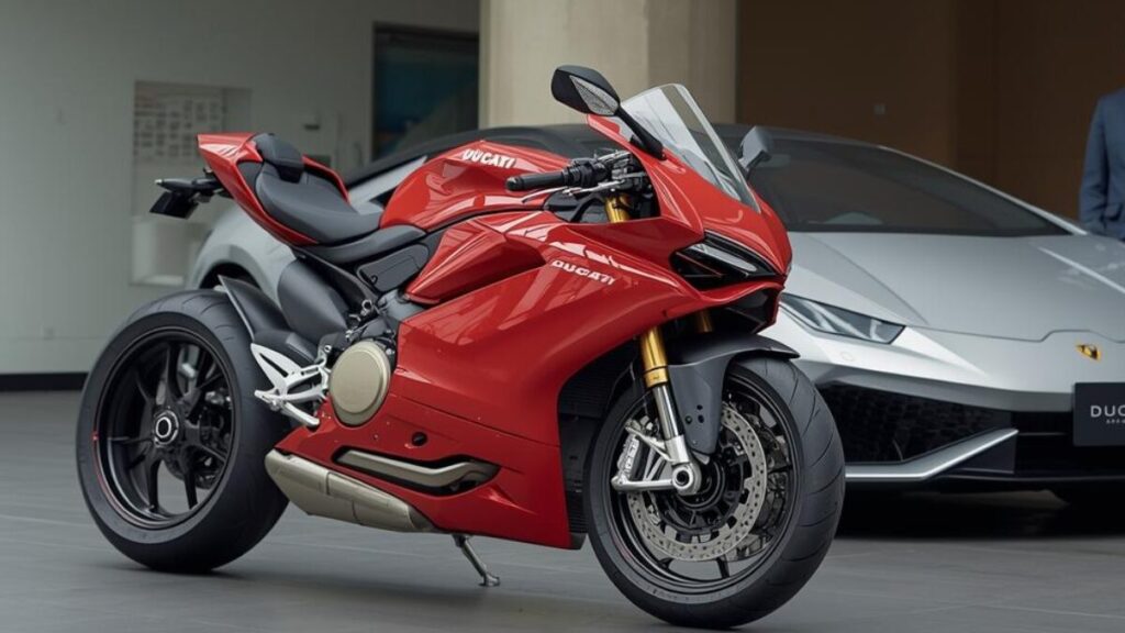 近代的な建物に並ぶドゥカティと欧州車。アウディ傘下で信頼性が向上した背景を示唆し、ドゥカティの中古が安い理由を探る際に関連する企業背景をイメージした画像。