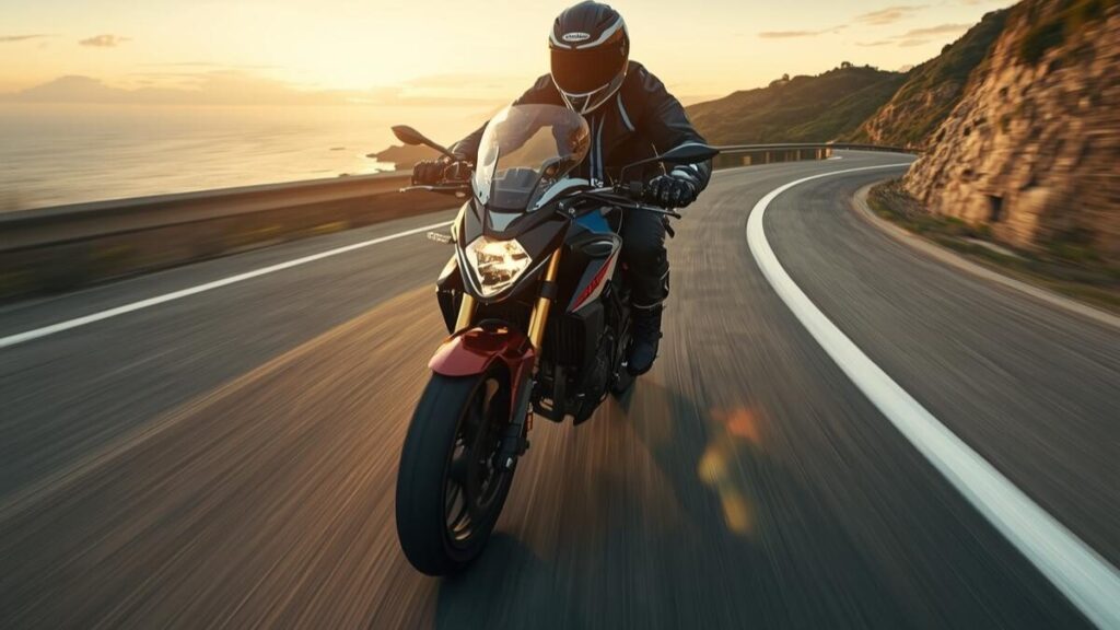 夕暮れの海岸線を颯爽と走行するドゥカティ。圧倒的な走行性能を象徴するカットで、ドゥカティの中古が安い理由に関心を持つライダーへその魅力を伝えます。