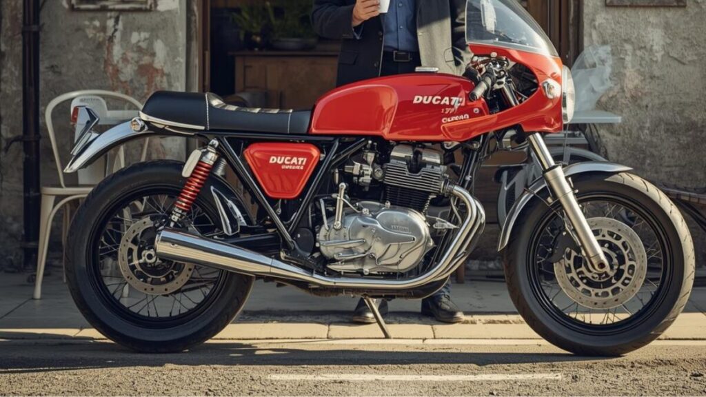 カフェの前で大切に維持されているドゥカティとオーナー。適切な管理で寿命が延びることを示し、ドゥカティの中古が安い理由を維持状態の観点から説明するイメージ。