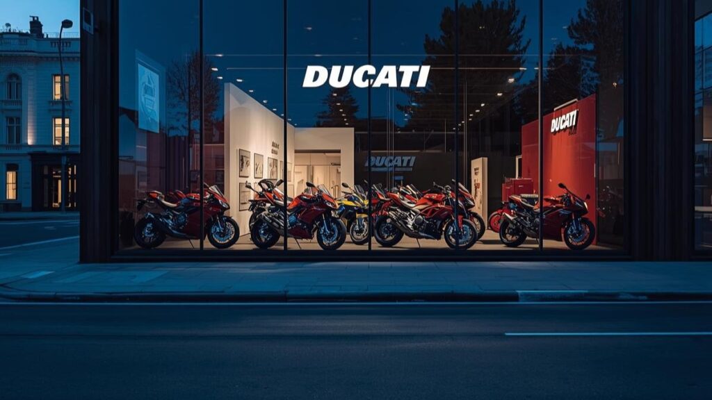 夜の帳が下りる街角のバイクショップに並ぶドゥカティ。市場の需給バランスによるドゥカティの中古が安い理由を、静謐で高級感のある店舗の佇まいで表現。