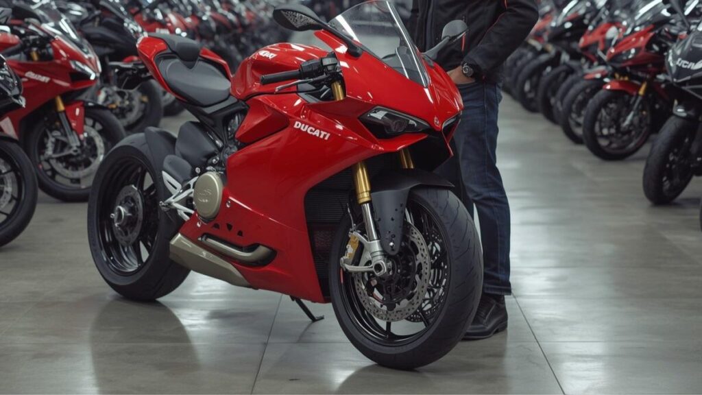 広々としたバイクショップの店内で車両を吟味する50代の男性。全国展開の店舗でドゥカティの中古が安い理由を検討し、実車を確認する際の安心感をイメージした写真。