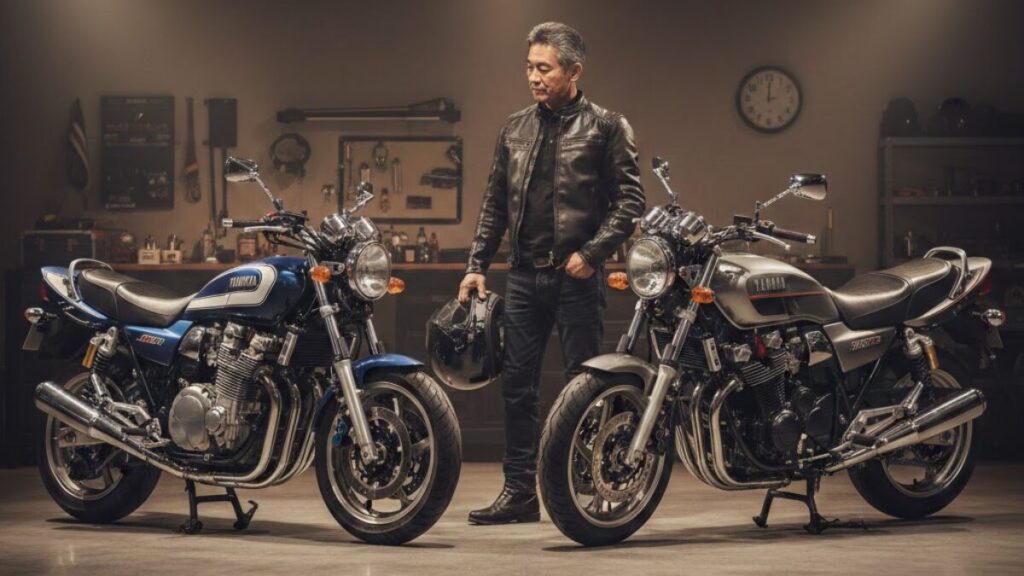 ガレージに並ぶ新旧の大型ネイキッドバイク。XJR1200と1300の違いを細部まで比較し、自分に合った中古車の一台を見極めようとするベテランライダーの様子。