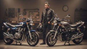 ガレージに並ぶ新旧の大型ネイキッドバイク。XJR1200と1300の違いを細部まで比較し、自分に合った中古車の一台を見極めようとするベテランライダーの様子。