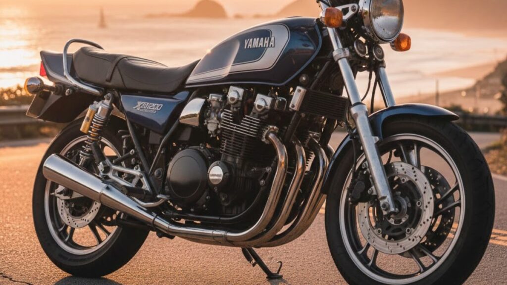 夕暮れの海岸線に佇む初期型ヤマハXJR1200。XJR1200と1300の違いを知る上で欠かせない、伝説の始まりとなった空冷大排気量ネイキッドの美しい佇まい。